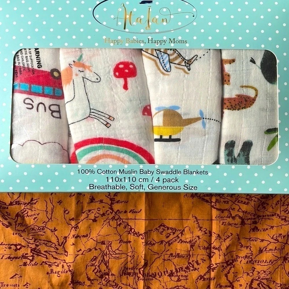 Brand New Set of 4 100% Cotton Muslin Swaddle Blankets Gender Neutral 47”x44”